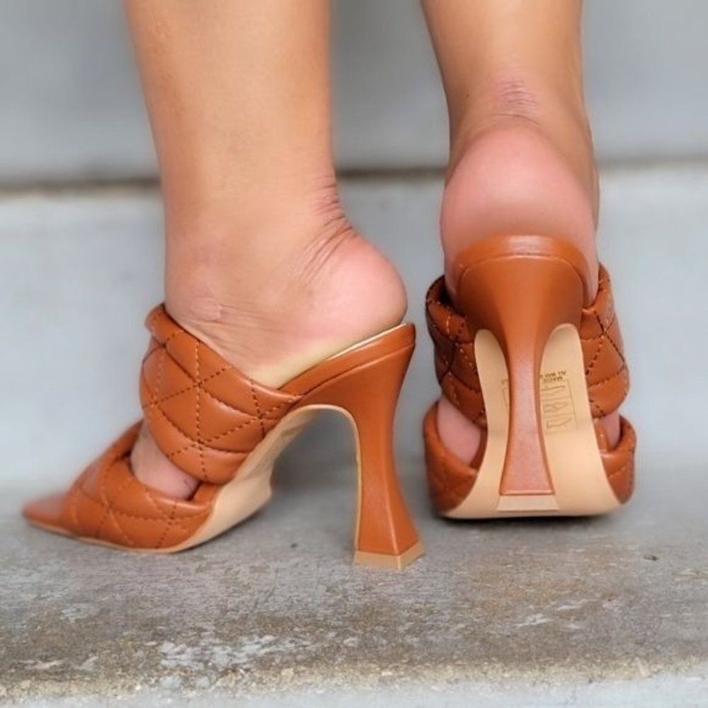 Women’s Tan Padded Slip On Double Strap Square Toe Mule Heels - Picture 4 of 5